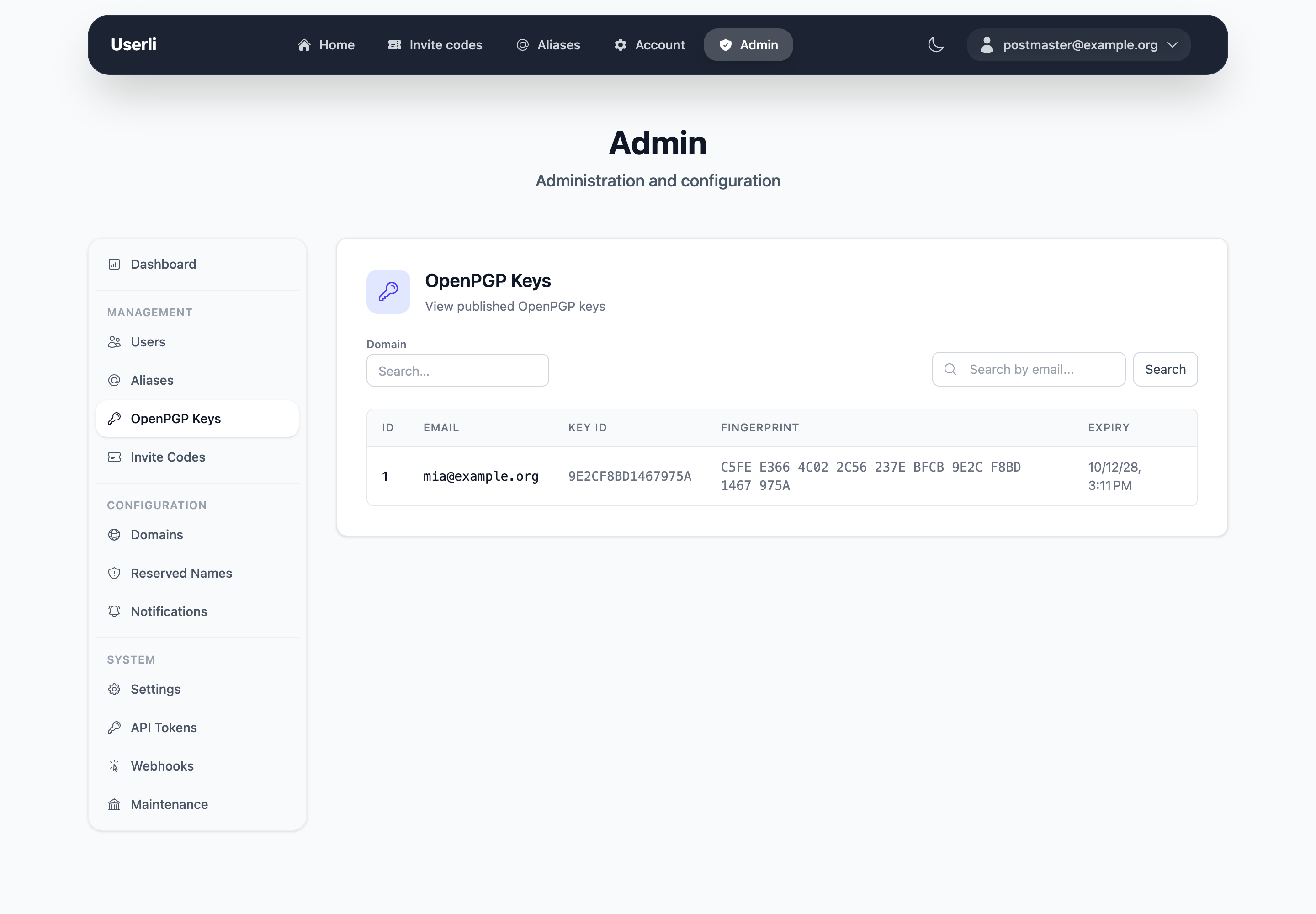 Published OpenPGP keys (admin)