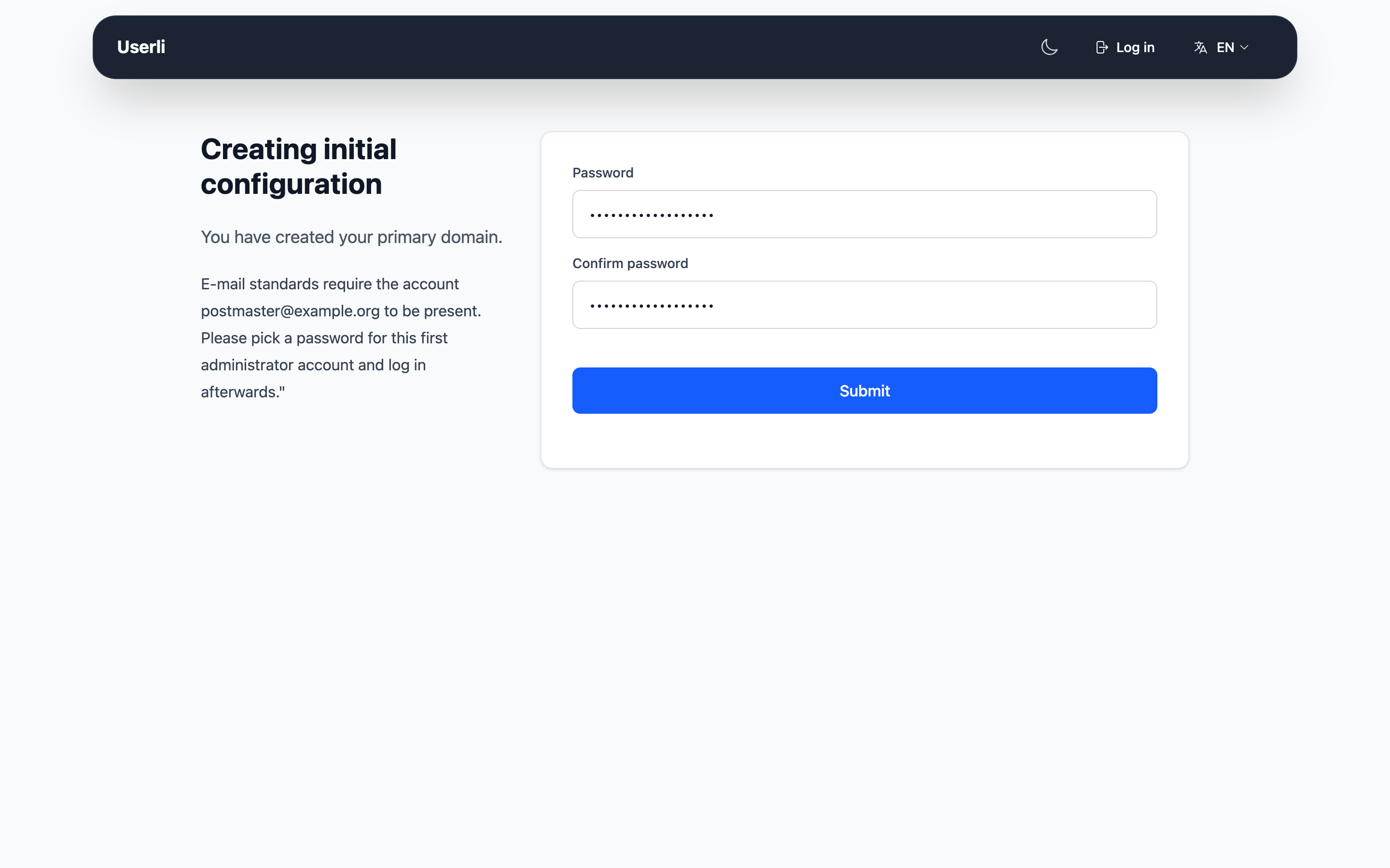 Setup wizard: admin password